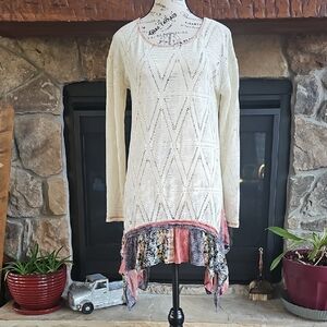 Boho ODDY Crochet Knit Tunic Sweater Patchwork Sharkbite Hem
